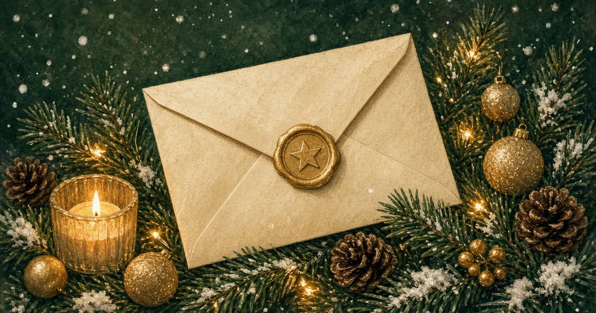 A sealed envelope with a gold star seal on pine branches.